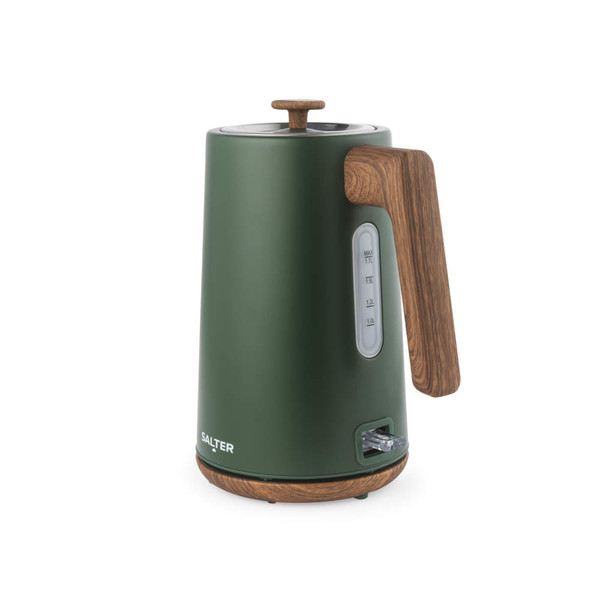 Matte green electric kettle with wood-effect handle and base, side water gauge, 1.7 litre capacity