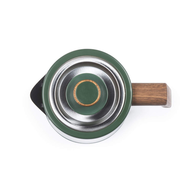 Green saucepan with wood effect handle, top down view, lid on