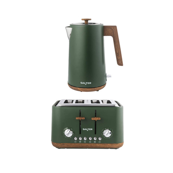 Salter kettle and four-slice toaster set in matte green with wood accents