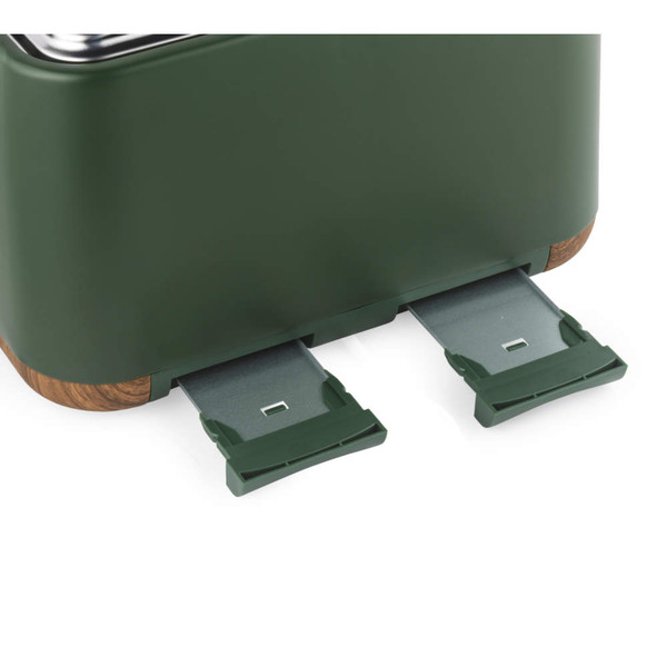 Green toaster base showing two extended crumb trays