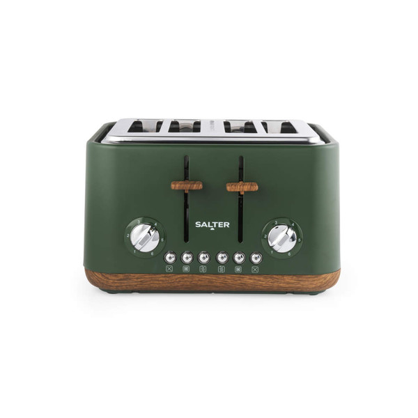 Green 4-slice toaster with wood effect detail, front view.