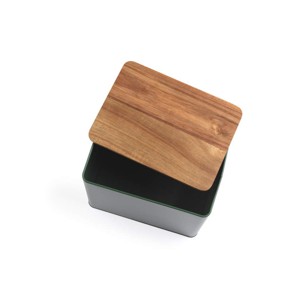 Green storage tin with open acacia wood lid, shown from above.