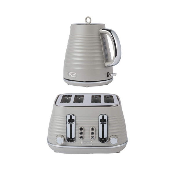 Grey ribbed kettle and four-slice toaster set with chrome accents, shown from the front.