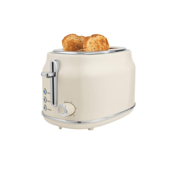 Cream two-slice toaster with toast, shown angled to display control buttons and browning dial