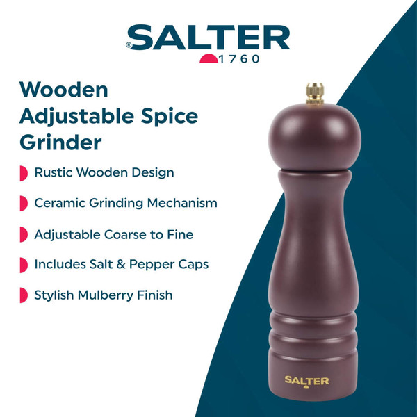 Mulberry wooden adjustable spice grinder, ceramic mechanism, promotional banner.