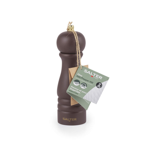 Brown wooden salt or pepper mill with Salter branding, shown upright with product tag attached