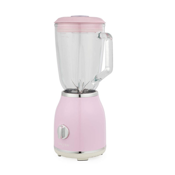 Pink jug blender with glass jug, viewed from the front