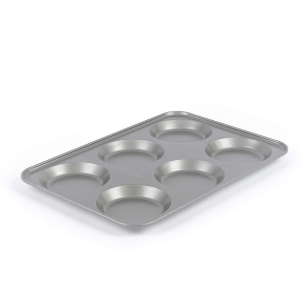 Non-stick grey six-cup Yorkshire pudding tin, angled view