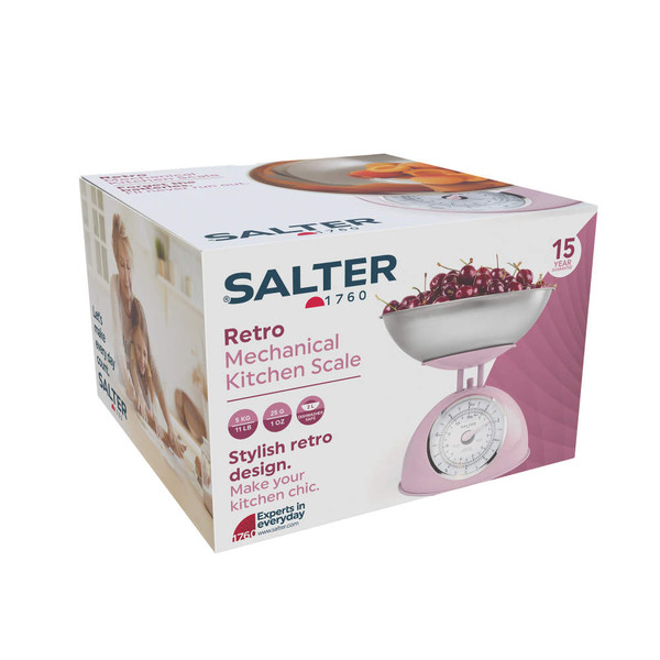 Box of Salter retro pink mechanical kitchen scales with bowl, 5kg capacity