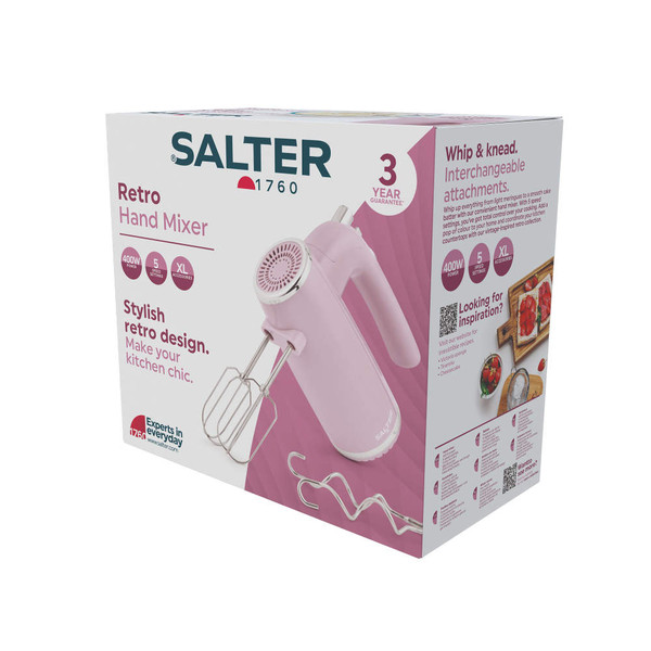 Pink retro hand mixer with attachments shown on box packaging