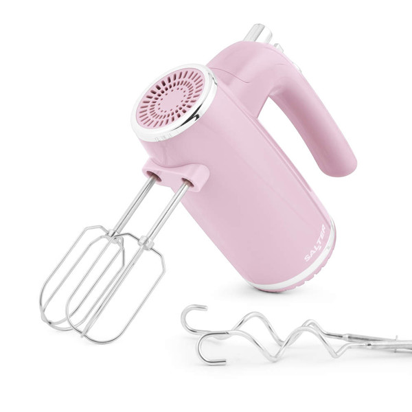 Pink hand mixer with metal beaters and dough hooks, countertop product image