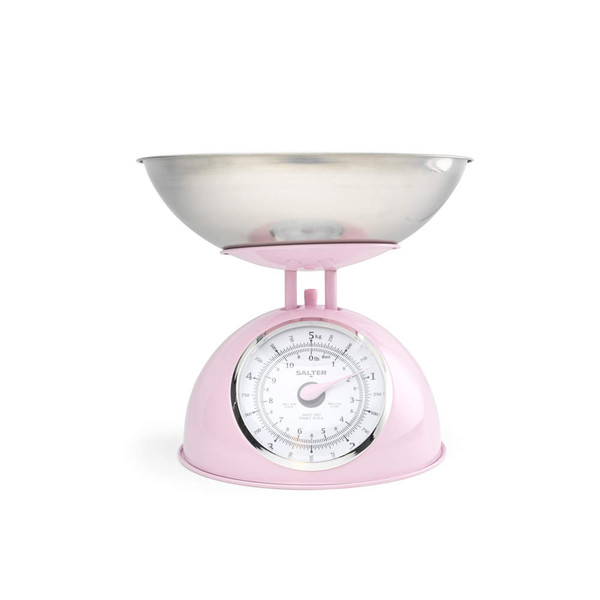 Pink mechanical kitchen scale with stainless steel bowl
