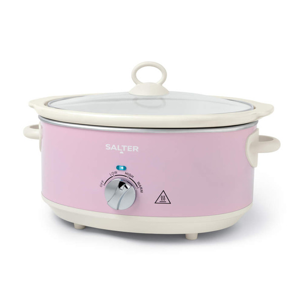 Pink Salter electric slow cooker with cream handles and lid, shown from the front.