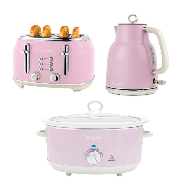 Retro Pink 2 slice Toaster, Kettle & 6.5L Slow Cooker Set
