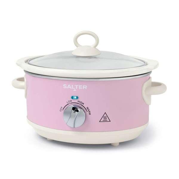 Pink Salter slow cooker with glass lid and control dial, shown from the front.