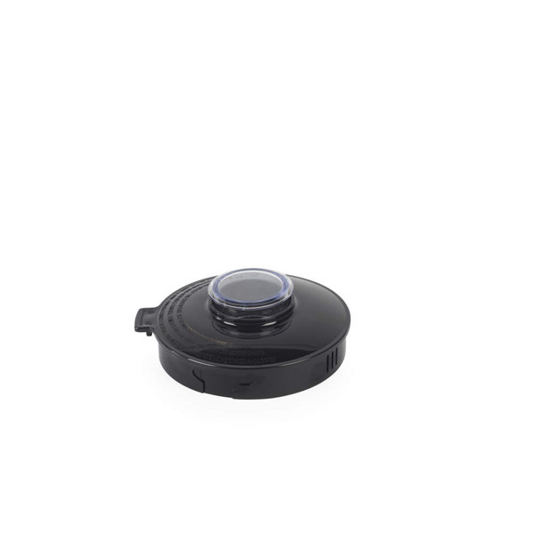 Black plastic blender lid with clear centre cap shown from above