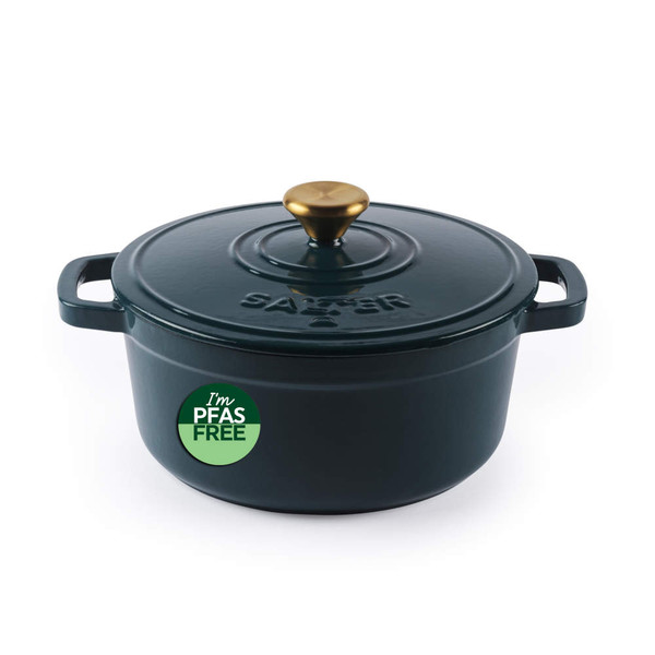 Dark green casserole pot with gold knob, PFAS free label on front, product image.