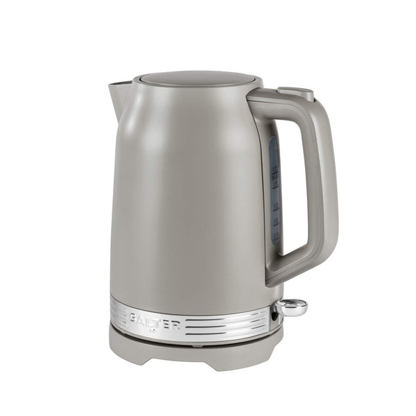 Taupe electric kettle with handle, water level window, and chrome Salter base