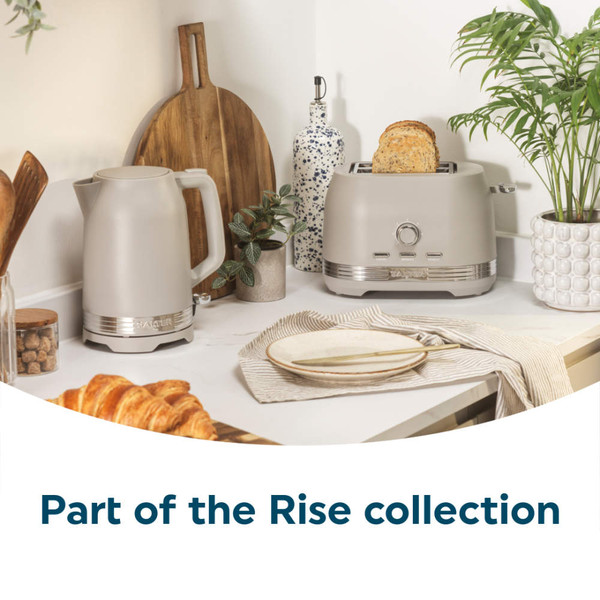 Taupe kettle and toaster set on kitchen counter with toast