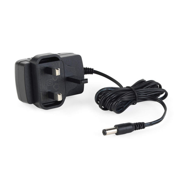 Black UK plug power adapter with attached cable, shown on white background