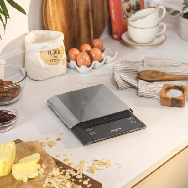 Salter stainless steel digital kitchen scales with backlit display, top view