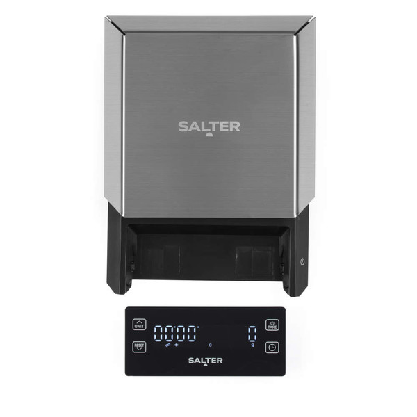 Salter stainless steel digital wall-mounted kitchen scale with LED display, front view