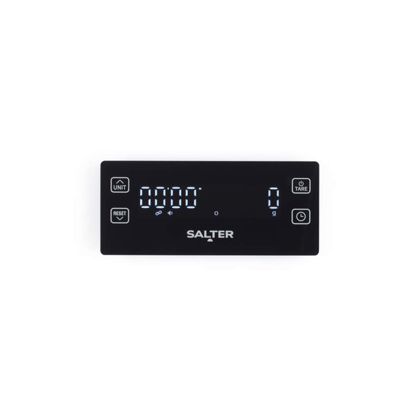 Black digital kitchen scale with timer and white LED display, showing Salter branding.