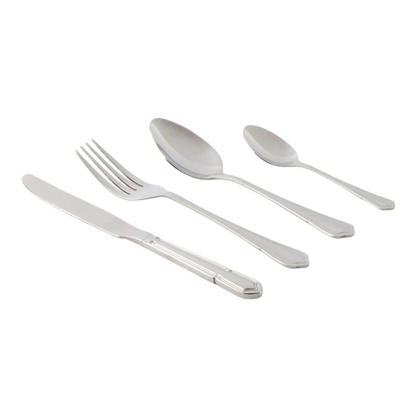 Set of four stainless steel cutlery pieces: knife, fork, dessert spoon and teaspoon.