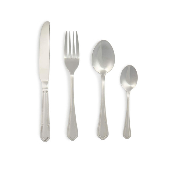 Set of four silver stainless steel cutlery pieces: knife, fork, dessert spoon, and teaspoon.