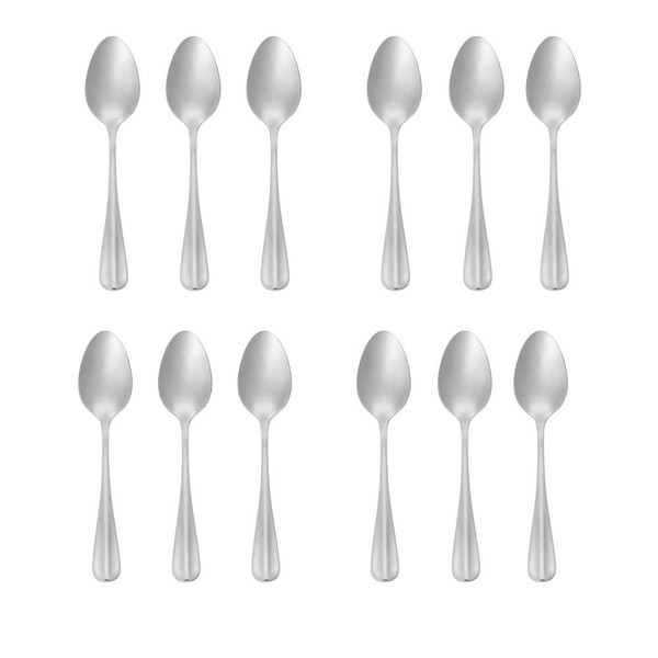 Set of 12 stainless steel dessert spoons arranged in rows on white background