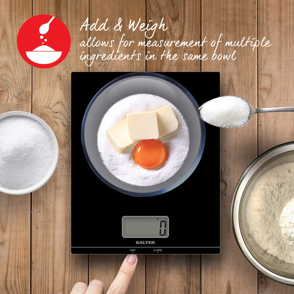 Salter digital kitchen scale weighing ingredients in a bowl, with add & weigh feature shown.