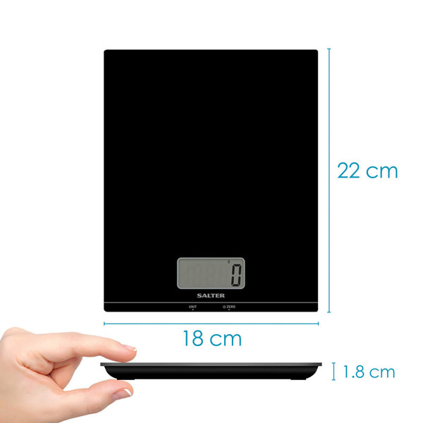 Black digital kitchen scale, Salter brand, shown with dimensions 22 x 18 x 1.8 cm.
