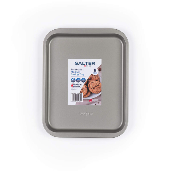 Medium grey baking tray, Salter Essentials range, shown in packaging.