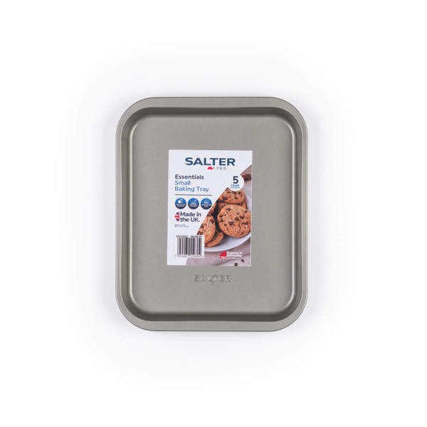 Grey non-stick small baking tray, Salter Essentials range, shown in packaging