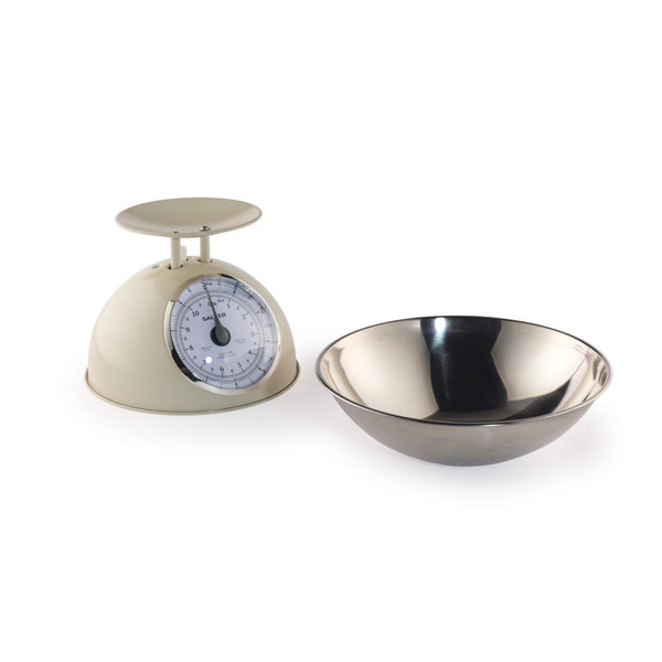 Cream mechanical kitchen scale with removable stainless steel bowl