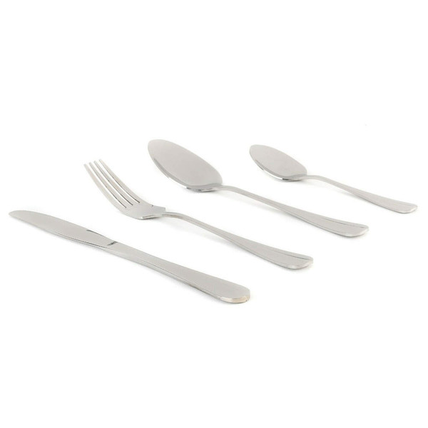 Four-piece stainless steel cutlery set: knife, fork, tablespoon, teaspoon.