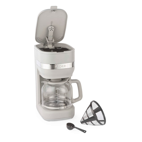 Taupe coffee maker with glass jug, removable filter and scoop, shown lid open