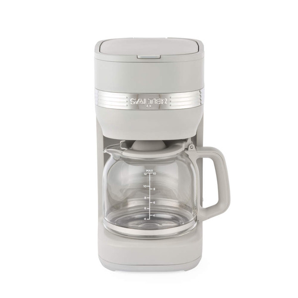 Taupe Salter filter coffee maker with glass jug, shown from front.