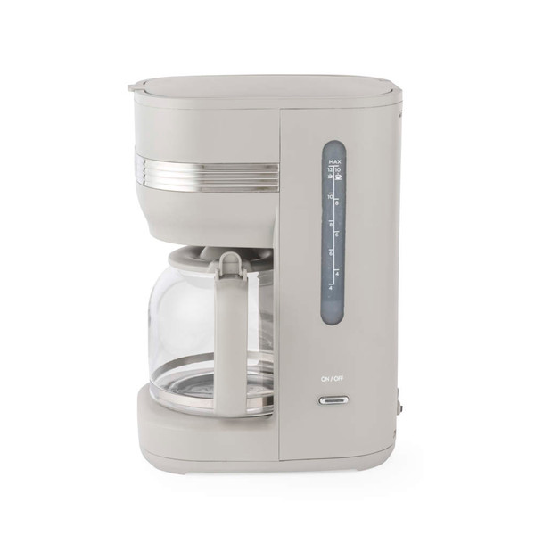 Taupe coffee maker with glass carafe, side view showing water level indicator