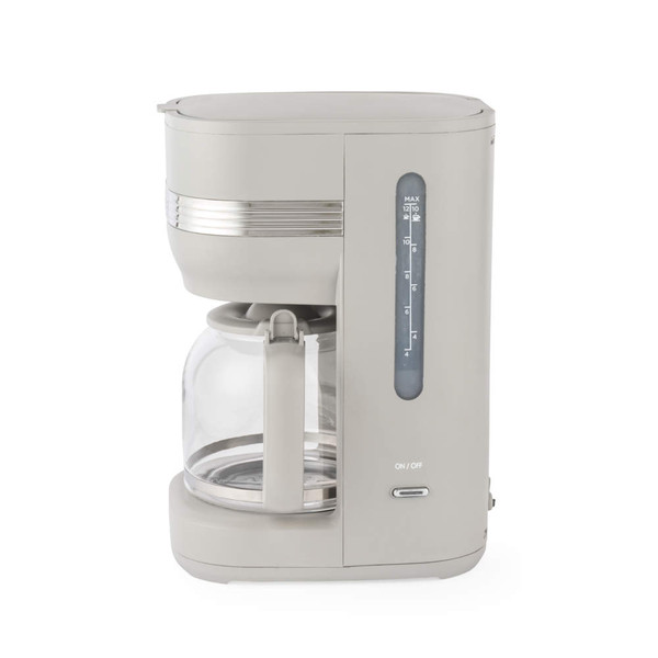 Taupe coffee maker with glass carafe, side view showing water level indicator