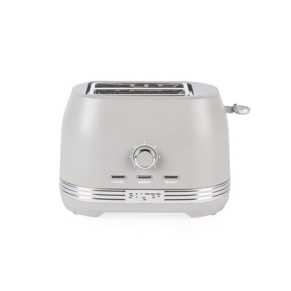2-slice taupe toaster with cancel, defrost and reheat functions, front view