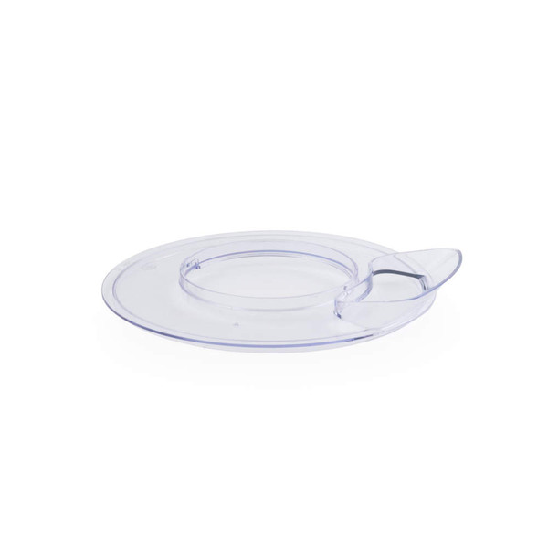 Clear plastic food processor lid with spout, shown on white background