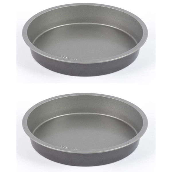 Set of 2 round non-stick cake tins, grey, shown from above.