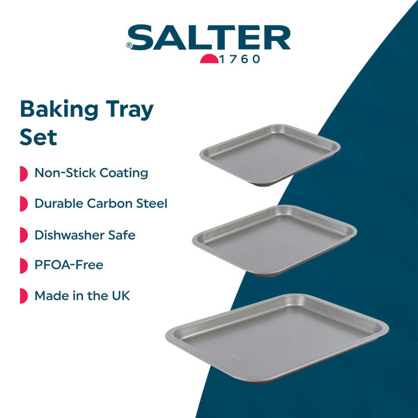 Set of three grey non-stick baking trays, shown with key features.