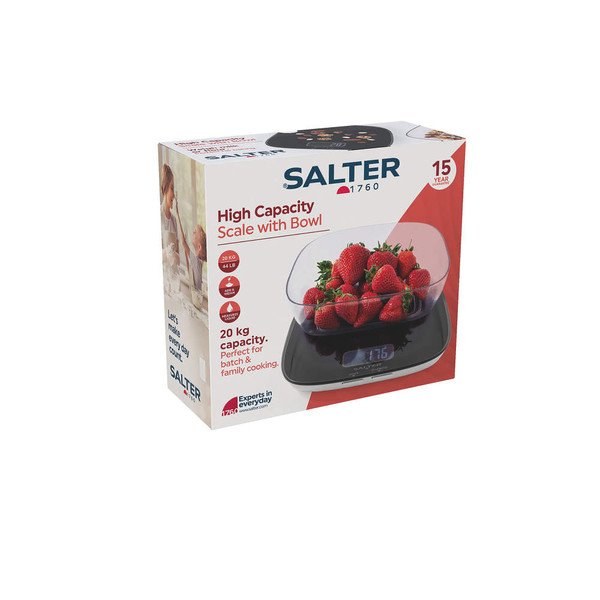 Boxed Salter high capacity kitchen scale with bowl, 20kg maximum, black.