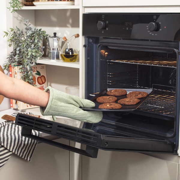 Set of two non-stick grey baking trays with wide grip handles, shown on white background