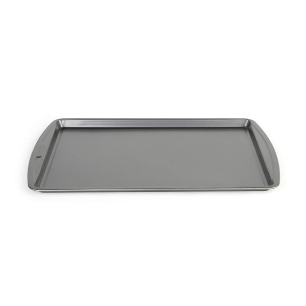 Grey non-stick baking tray shown from above