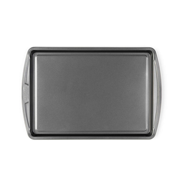 Grey non-stick baking tray with raised edges, viewed from above.