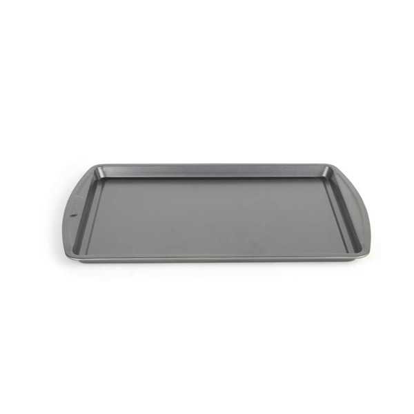 Non-stick grey baking tray with raised edges, shown from above