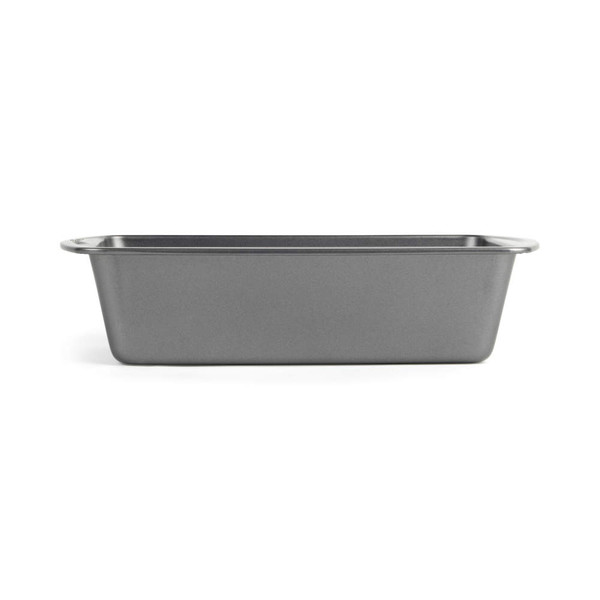 Grey non-stick loaf tin, side view, suitable for baking bread or cakes.